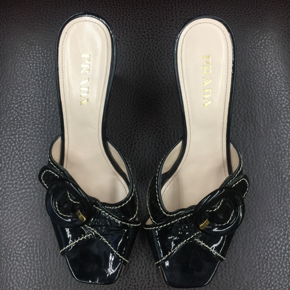 Prada Black Patent Leather Sandals | Wedge Heels